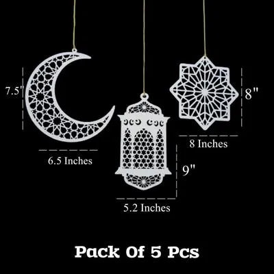 Pack 0f 05 Pcs Ramzan & Eid Decorative Wooden Wall Hangings With Rope I Crescent Moon & Lantern Wooden String I Ramzan Decoration I Ramzan Decor I Ramzan Items I Ramzan Wall Hanging I Ramzan Stock I Eid Product I Eid Collection I Eid Special