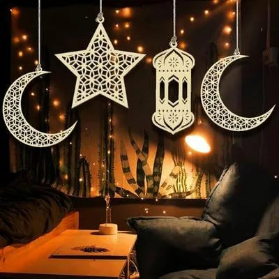 Pack 0f 05 Pcs Ramzan & Eid Decorative Wooden Wall Hangings With Rope I Crescent Moon & Lantern Wooden String I Ramzan Decoration I Ramzan Decor I Ramzan Items I Ramzan Wall Hanging I Ramzan Stock I Eid Product I Eid Collection I Eid Special