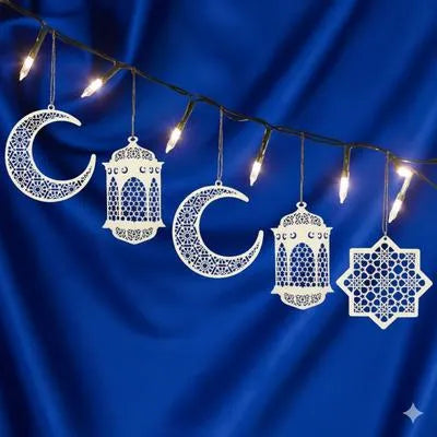 Pack 0f 05 Pcs Ramzan & Eid Decorative Wooden Wall Hangings With Rope I Crescent Moon & Lantern Wooden String I Ramzan Decoration I Ramzan Decor I Ramzan Items I Ramzan Wall Hanging I Ramzan Stock I Eid Product I Eid Collection I Eid Special