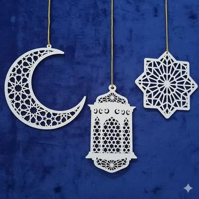 Pack 0f 05 Pcs Ramzan & Eid Decorative Wooden Wall Hangings With Rope I Crescent Moon & Lantern Wooden String I Ramzan Decoration I Ramzan Decor I Ramzan Items I Ramzan Wall Hanging I Ramzan Stock I Eid Product I Eid Collection I Eid Special