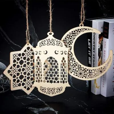 Pack 0f 05 Pcs Ramzan & Eid Decorative Wooden Wall Hangings With Rope I Crescent Moon & Lantern Wooden String I Ramzan Decoration I Ramzan Decor I Ramzan Items I Ramzan Wall Hanging I Ramzan Stock I Eid Product I Eid Collection I Eid Special