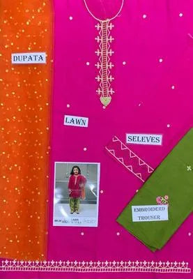 3 Pcs Girl's Cotton Embroidered Kurta And Shalwar Suit